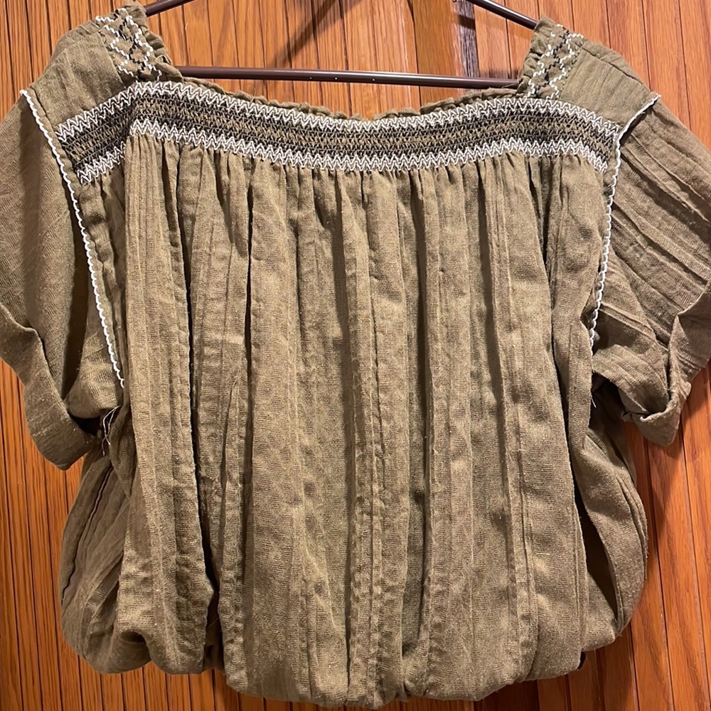 Free People Wandering Skies Cropped Embroidered Moss Green Blouse/Top, Size XS - Picture 6 of 8